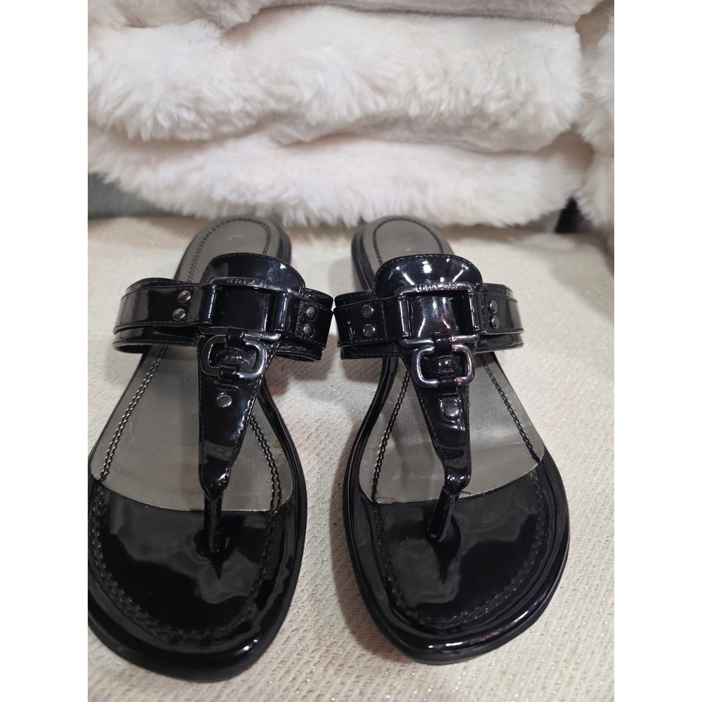 Unisa Black Patent Leather Thong Wedge Sandals Buckle Detail Womens 8M